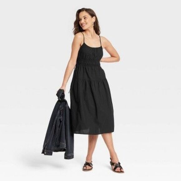 Women's Cinched Waist Midi Sundress - Universal Thread Black XS - Picture 2 of 2
